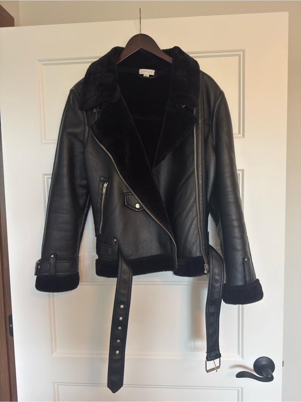 Topshop Black Faux-Shearling Leather Aviator Biker Jacket
